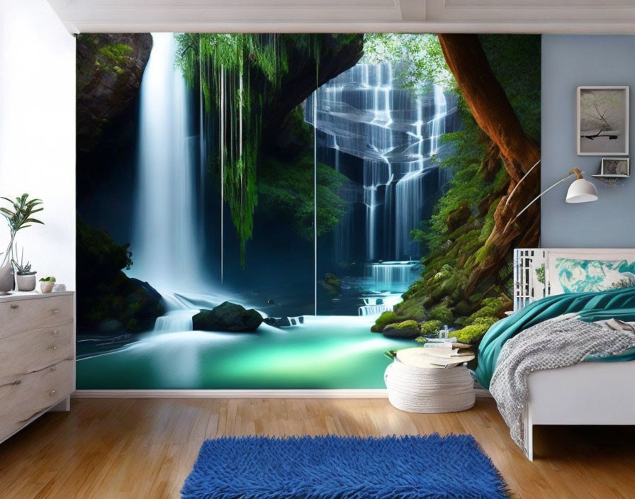 Tranquil bedroom with waterfall wall mural, cozy bed, wooden furniture, houseplants, blue rug