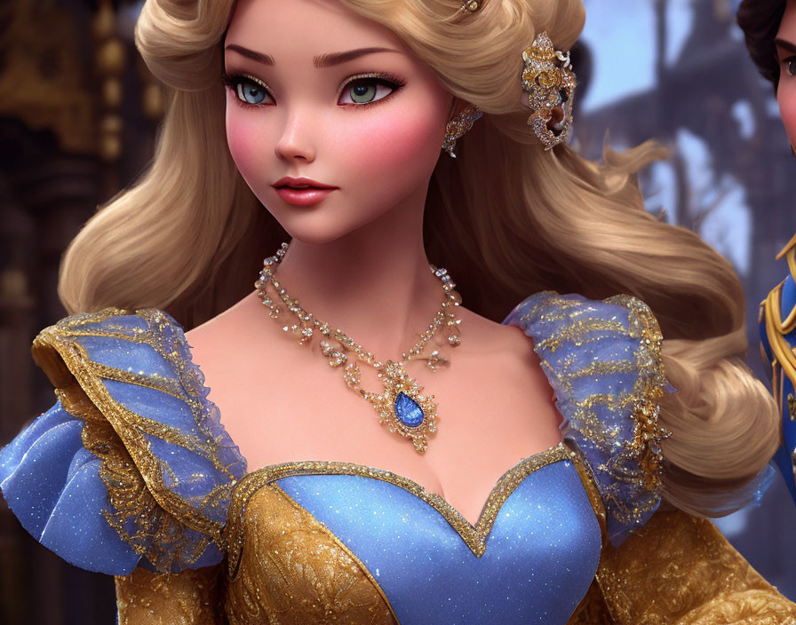 Detailed 3D illustration of princess in blue & gold dress