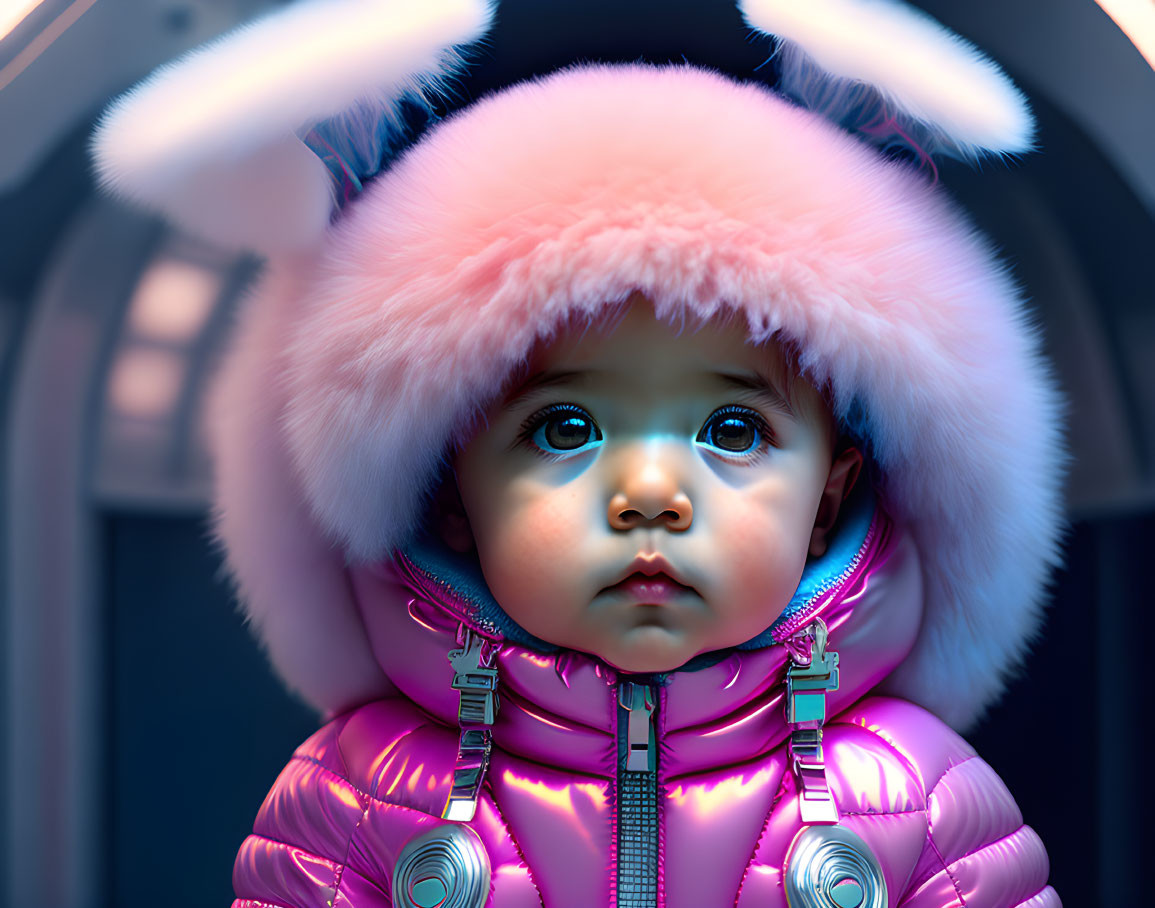 Wide-eyed toddler in fluffy pink hat and shiny jacket under soft blue light