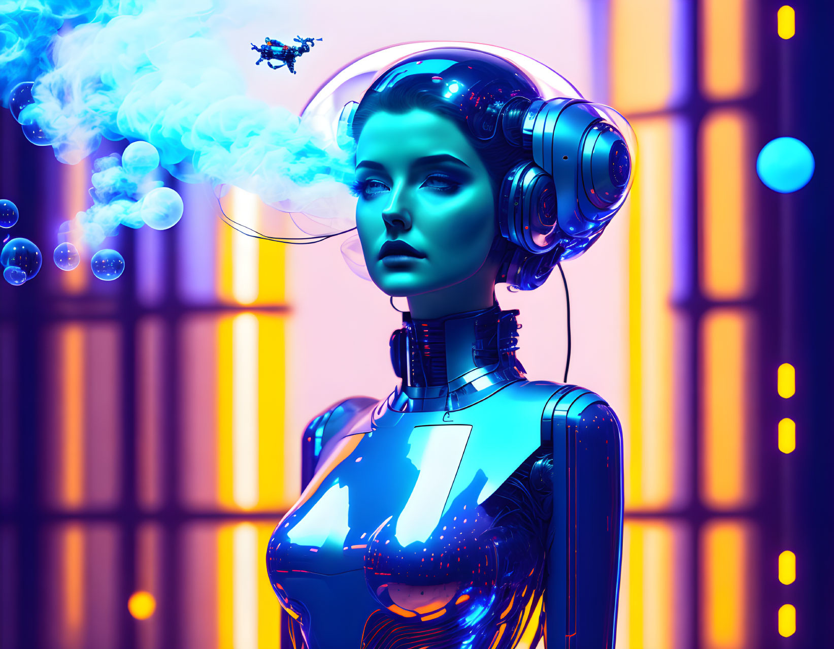 Futuristic cybernetic female figure with headphones in neon-lit setting