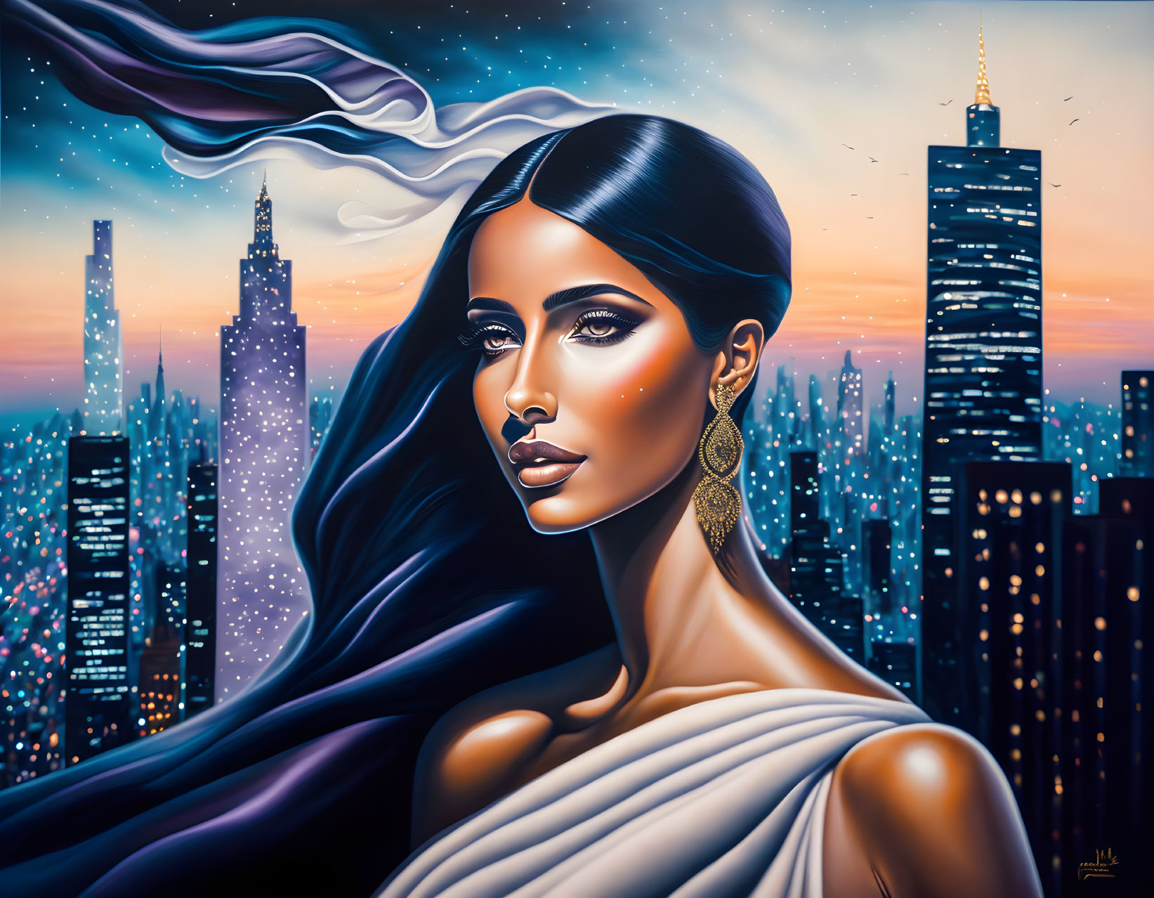 Stylized portrait of woman with sleek hair and gold earrings against city skyline and swirling clouds