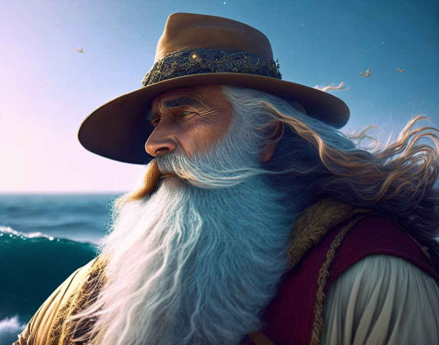 Elderly man in hat gazes at sea with flying birds