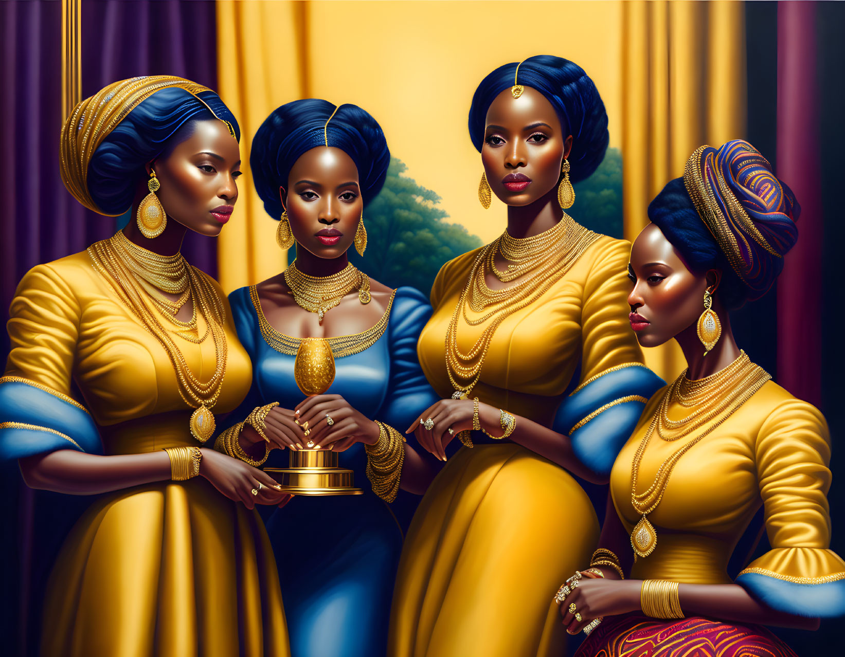 Four Women in Blue Head Wraps and Gold Jewelry on Luxurious Purple Background