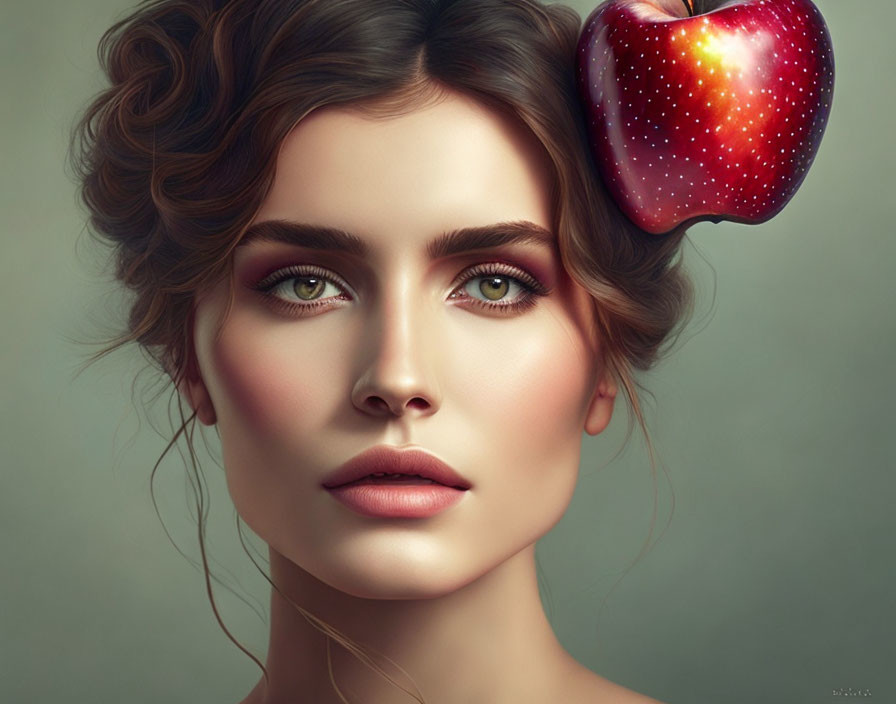 Woman with Hazel Eyes Balancing Red Apple on Head