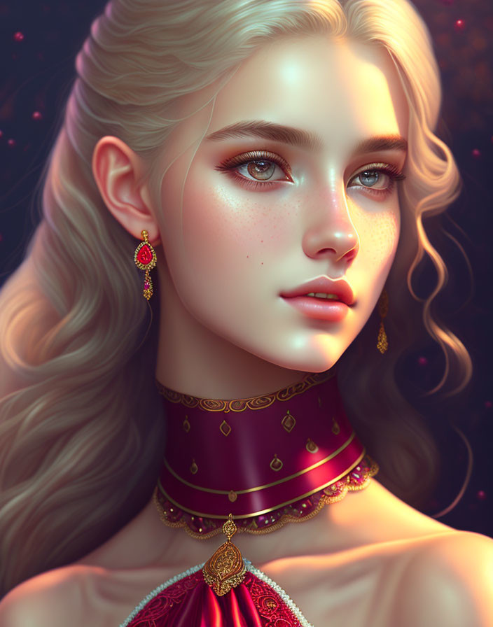 Blonde Woman Portrait with Red and Gold Jewelry