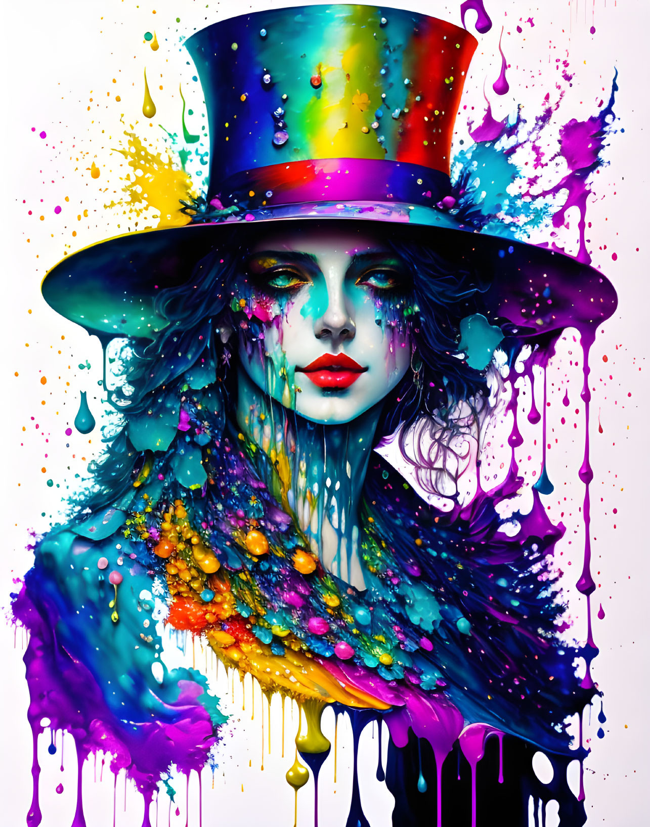 Colorful Artwork: Woman with Melting Top Hat in Blue, Purple, Yellow, and Pink