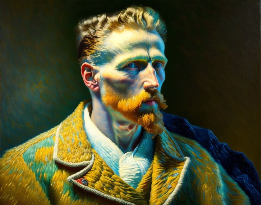 Portrait of a man with blue eyes and a beard in yellow jacket