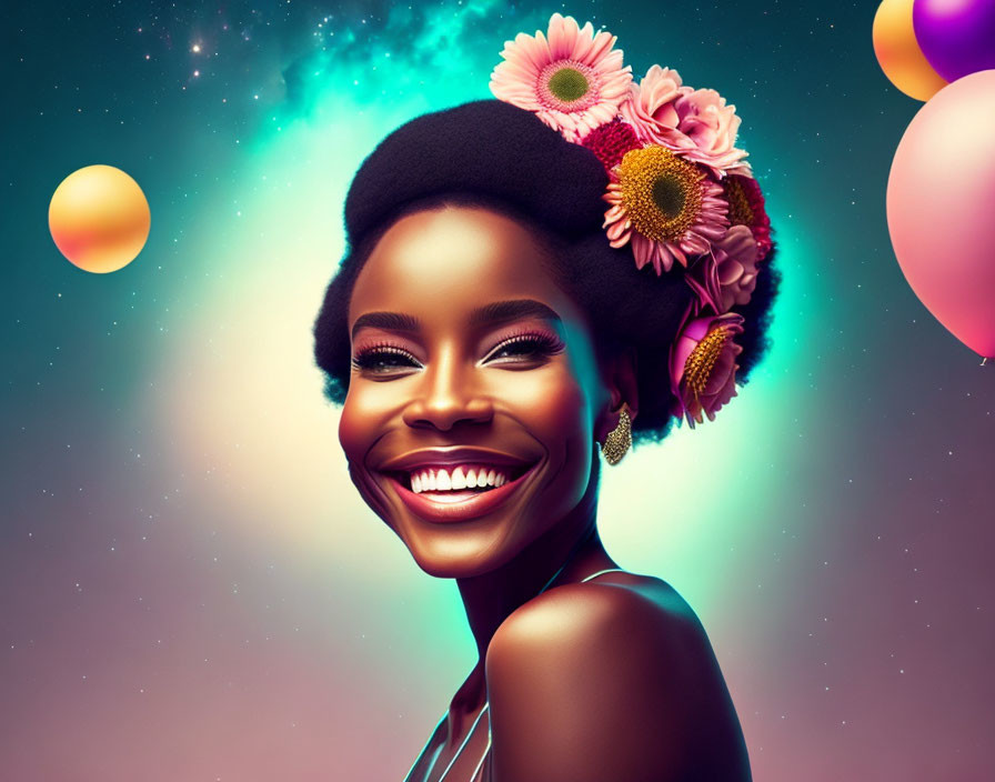 Vibrant digital illustration of smiling woman with floral hair in cosmic setting