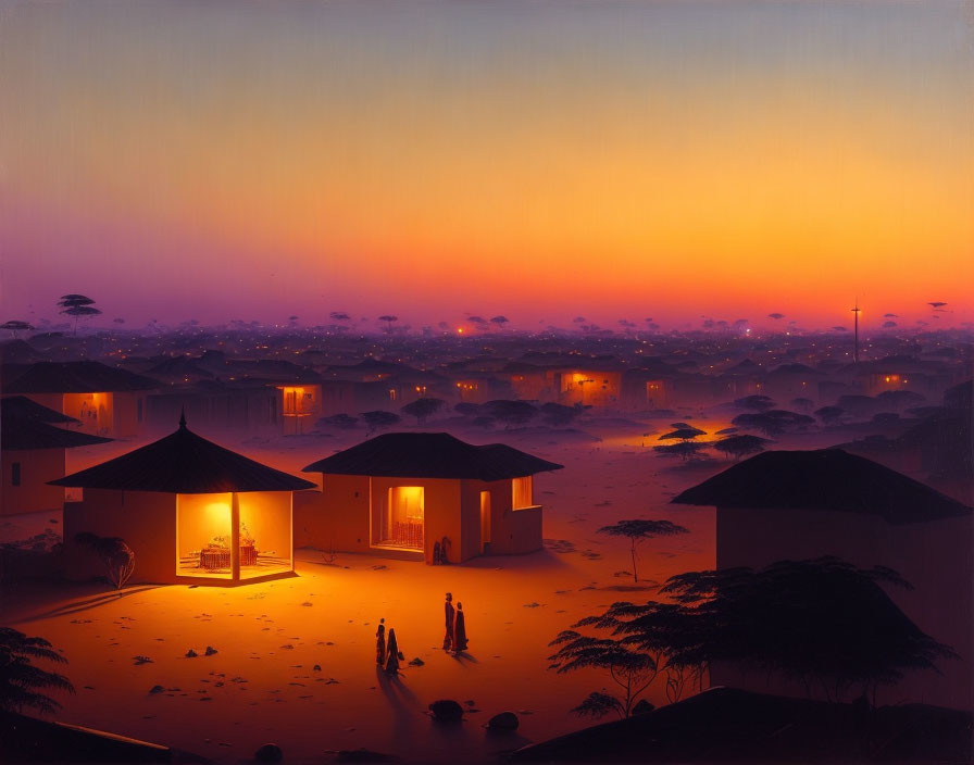 Village at Twilight with Illuminated Huts and Silhouetted Figures