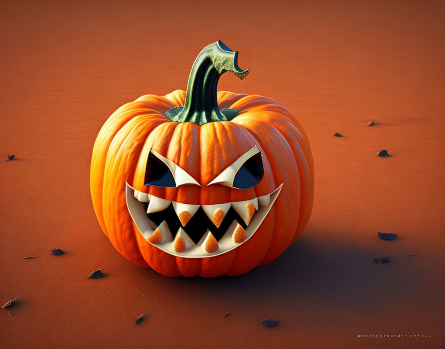 Menacing Halloween pumpkin with sharp teeth on barren sandy background