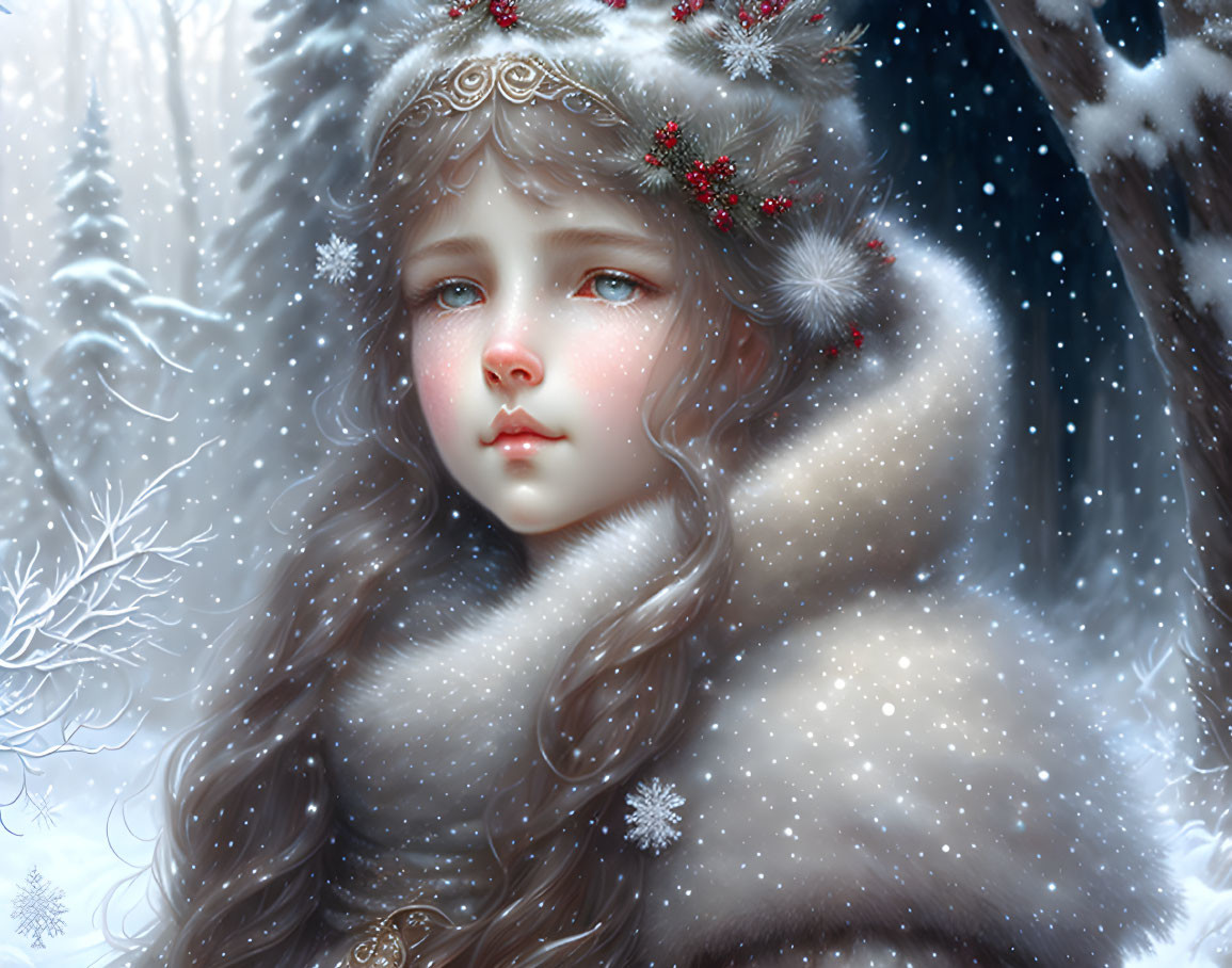 Young girl in winter attire digital artwork with snow backdrop