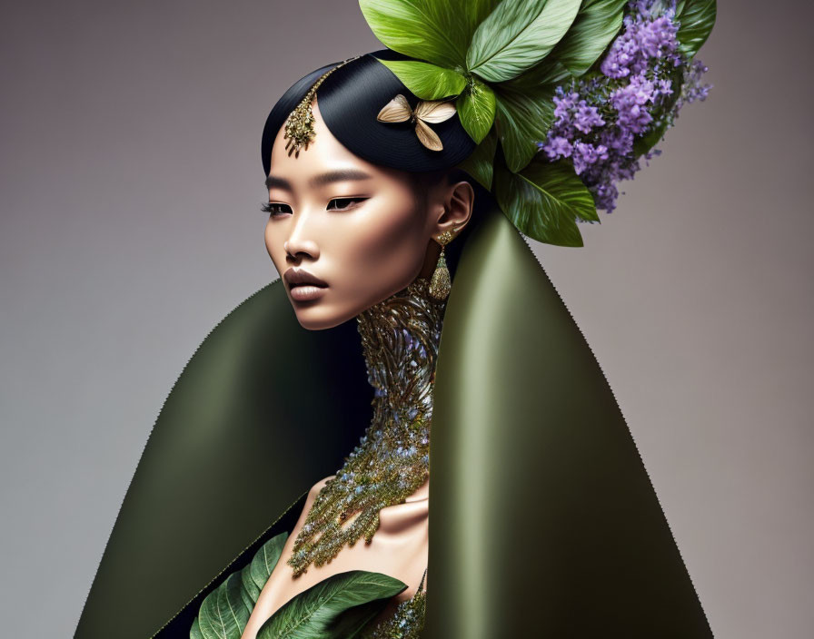 Woman with Striking Makeup and Elaborate Headpiece in High Fashion Green Garment