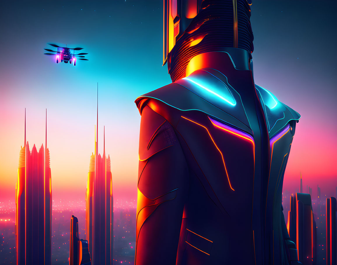 Futuristic cityscape at dusk with glowing armor person and hovering drone