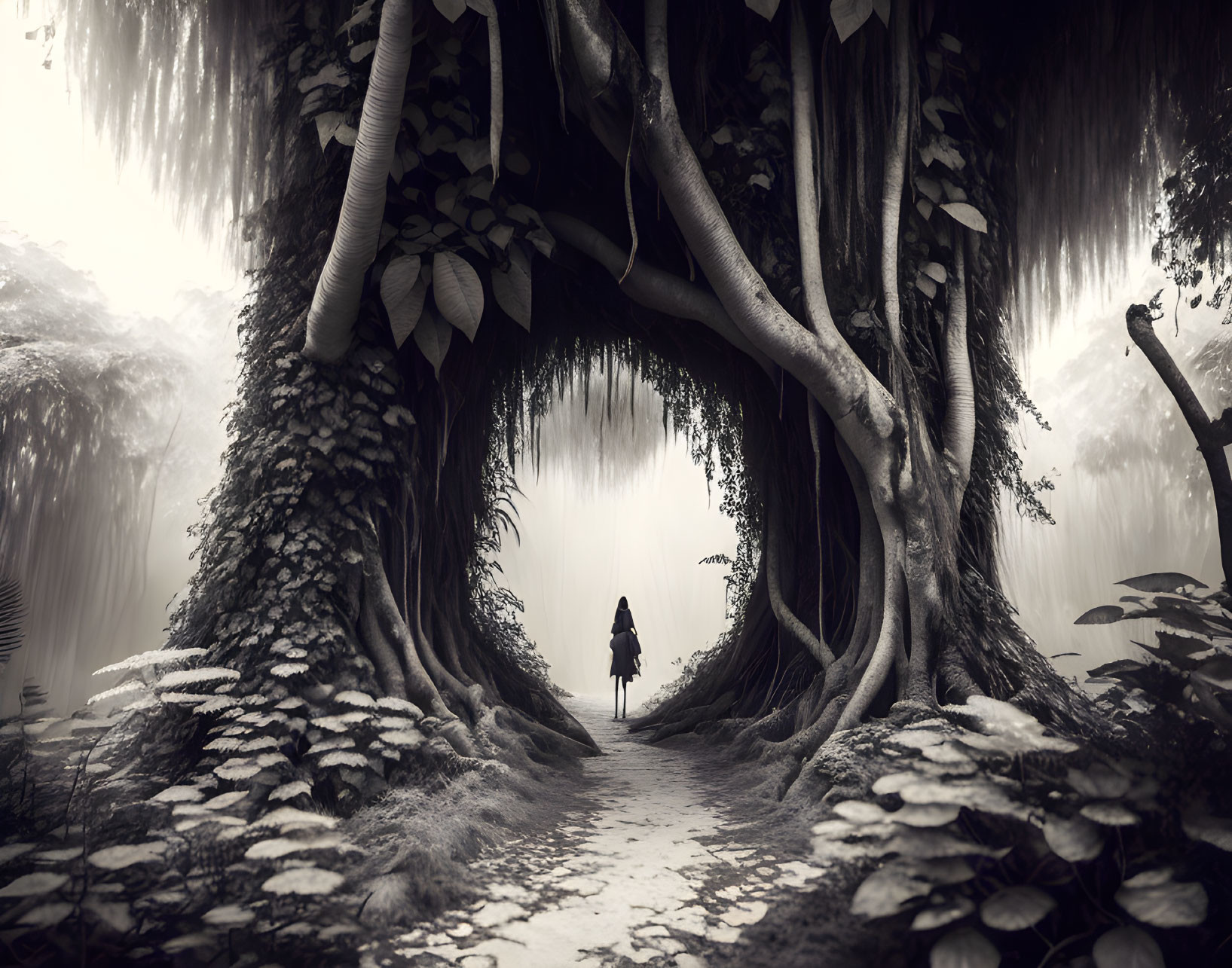 Mystical forest scene with solitary figure in foggy setting