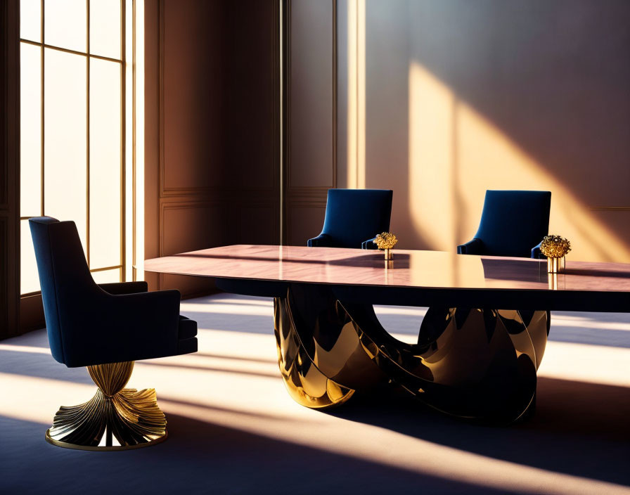 Luxurious Wooden Table with Golden Bases and Blue Chairs in Modern Room