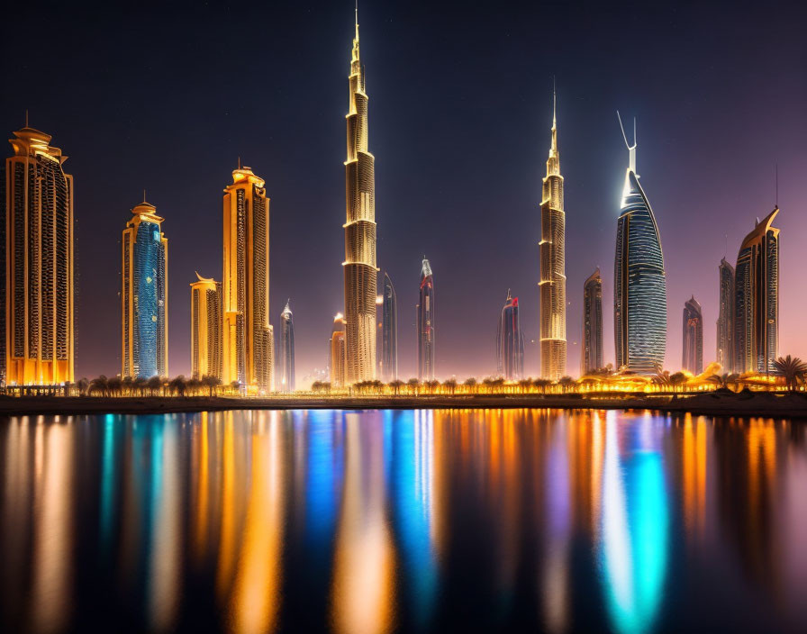 Cityscape with illuminated skyscrapers and tall tower reflected on water