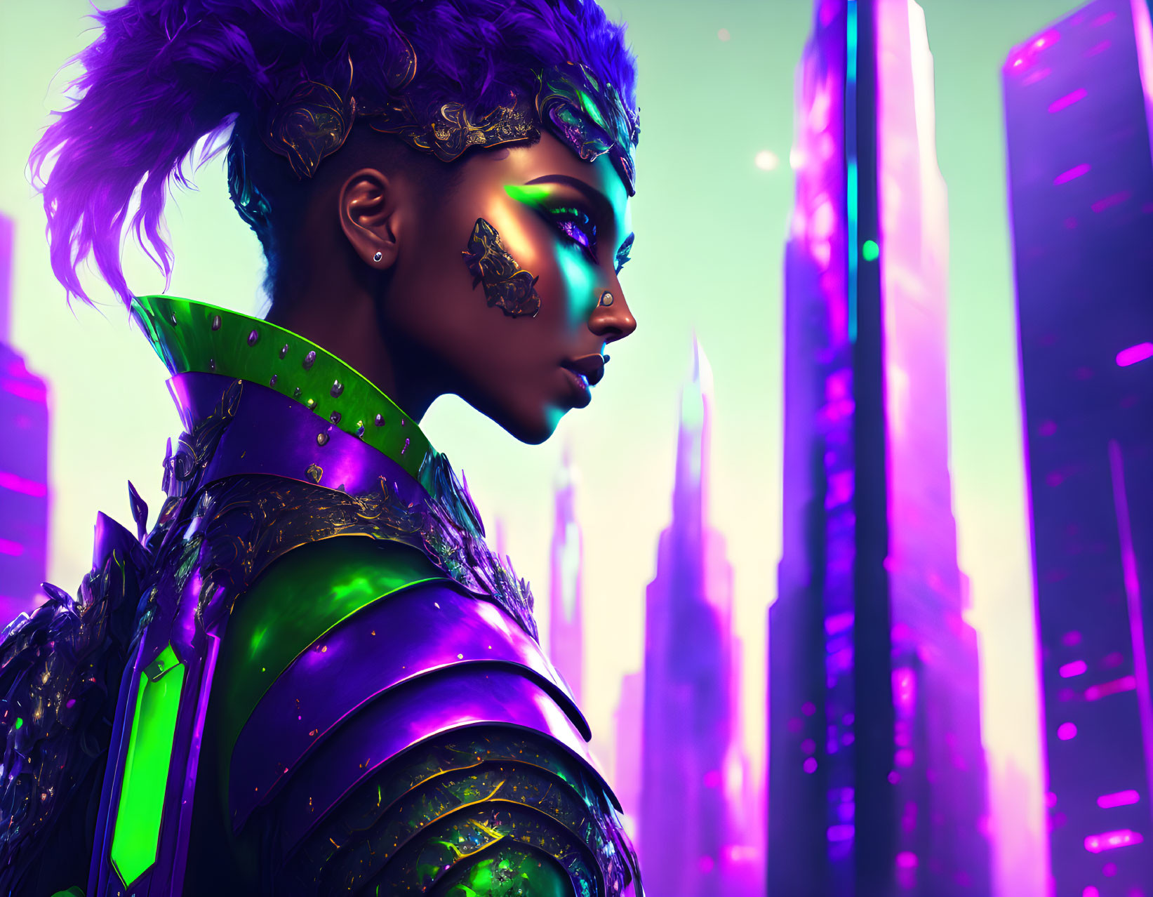 Futuristic warrior woman in metallic face paint and green armor against neon-lit cityscape