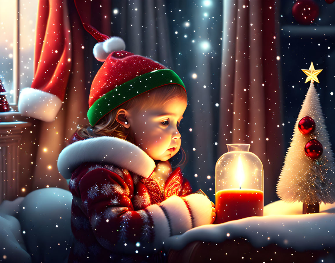 Toddler in festive hat with candle and Christmas tree in snowy window scene