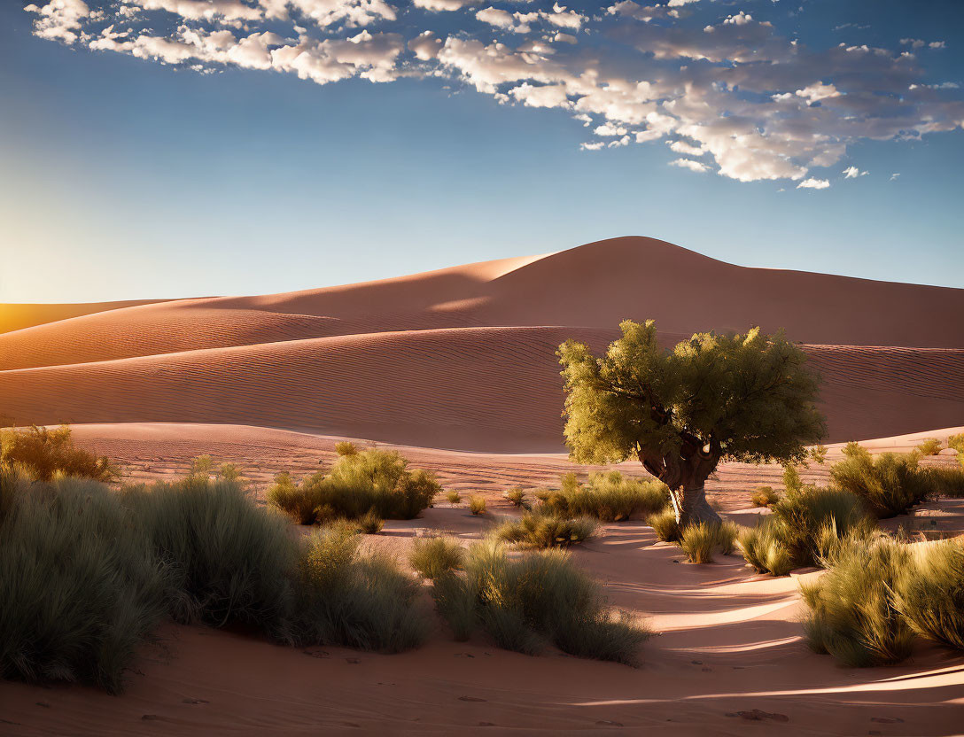 Tranquil Sunrise Desert Scene with Sand Dunes and Solitary Tree