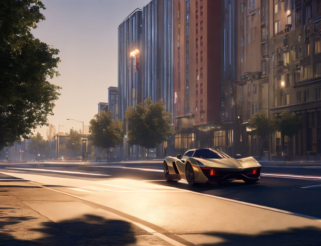 Sleek futuristic car parked on sunlit city street