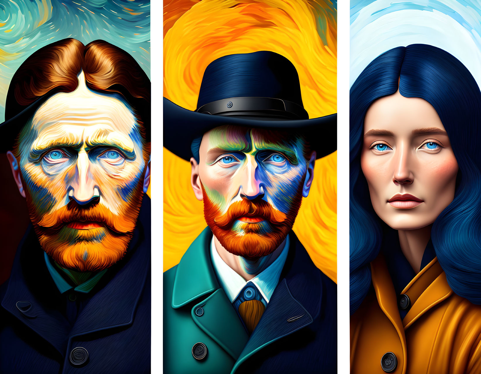 Three stylized portraits with swirling backgrounds: bearded man, man with hat, woman with blue hair