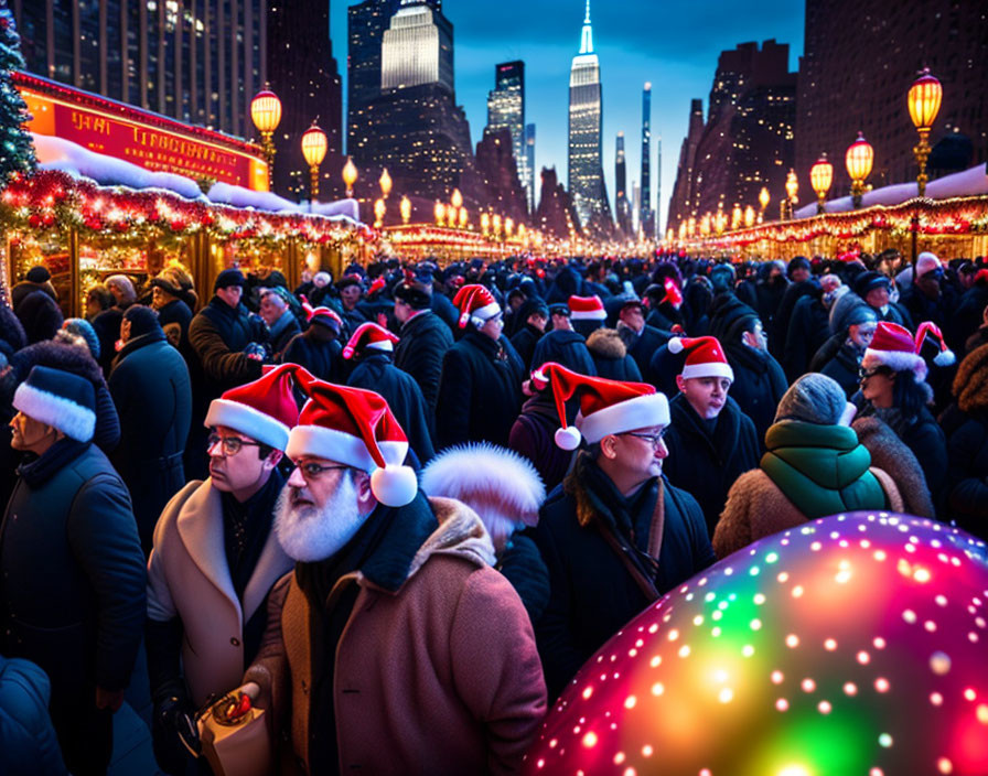 Festive crowd in Santa hats at Christmas market with city skyline