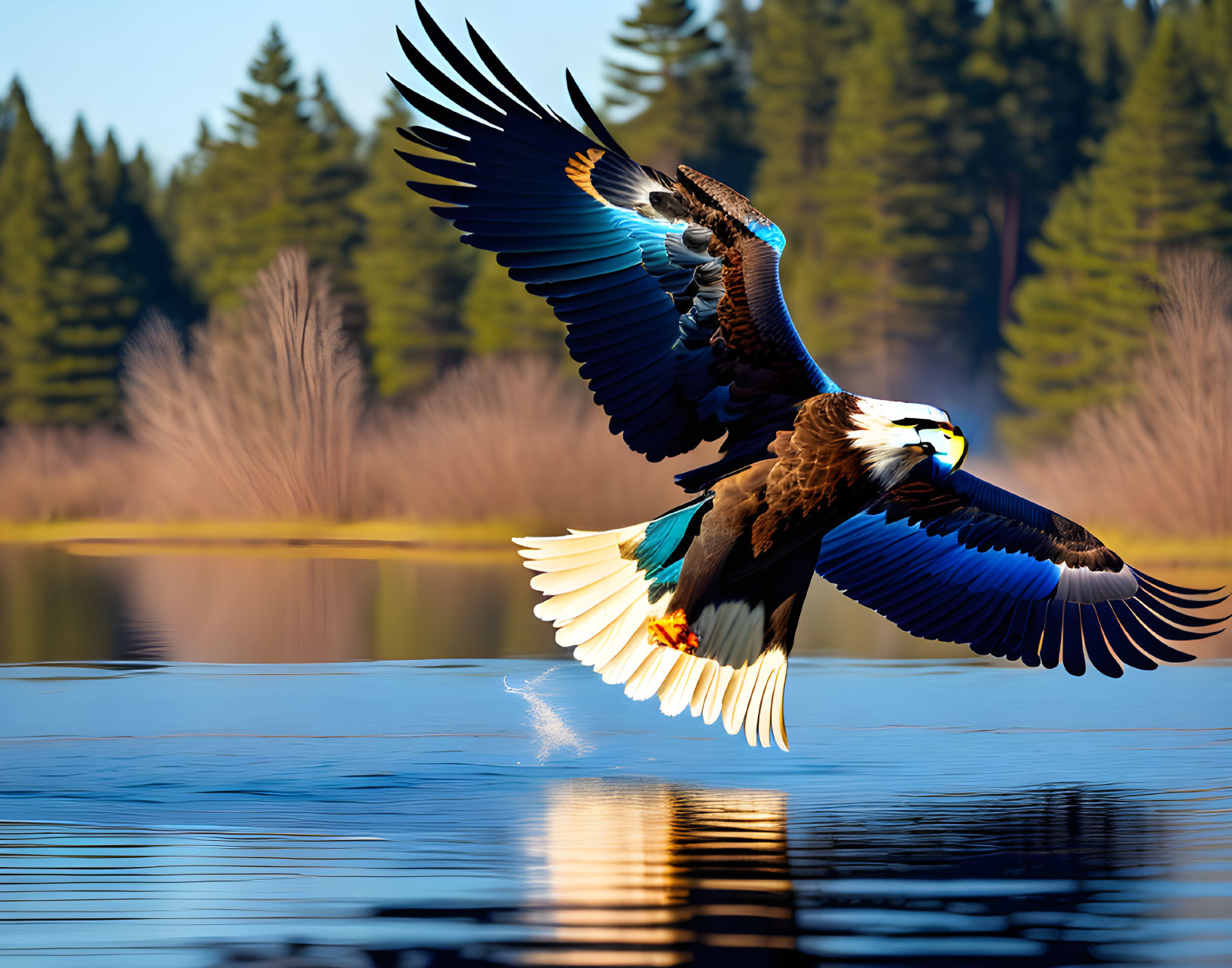 Majestic eagle soaring over tranquil lake and forest landscape