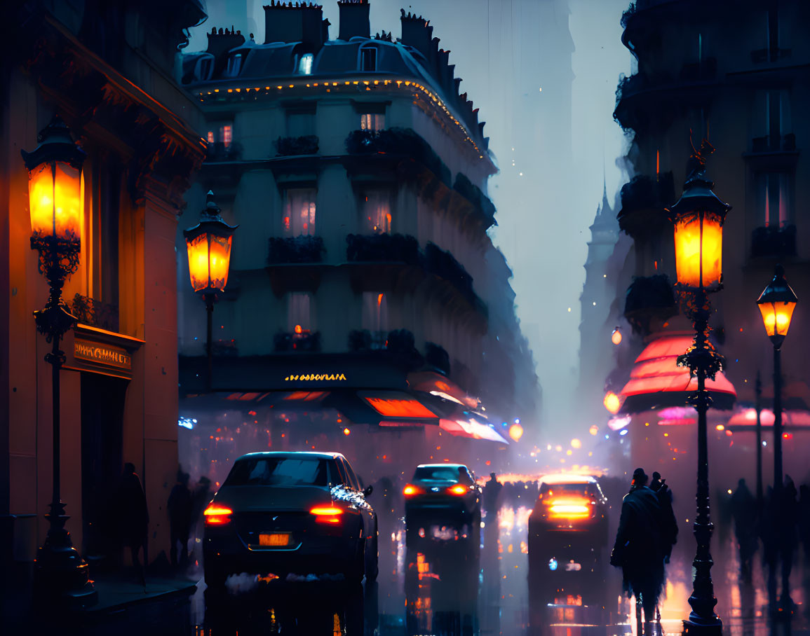 Rain-soaked city street at twilight with glowing streetlights, cars' headlights, and pedestrians under umb