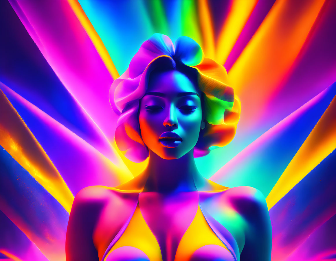 Colorful digital artwork: Woman with neon lighting and rainbow streaks