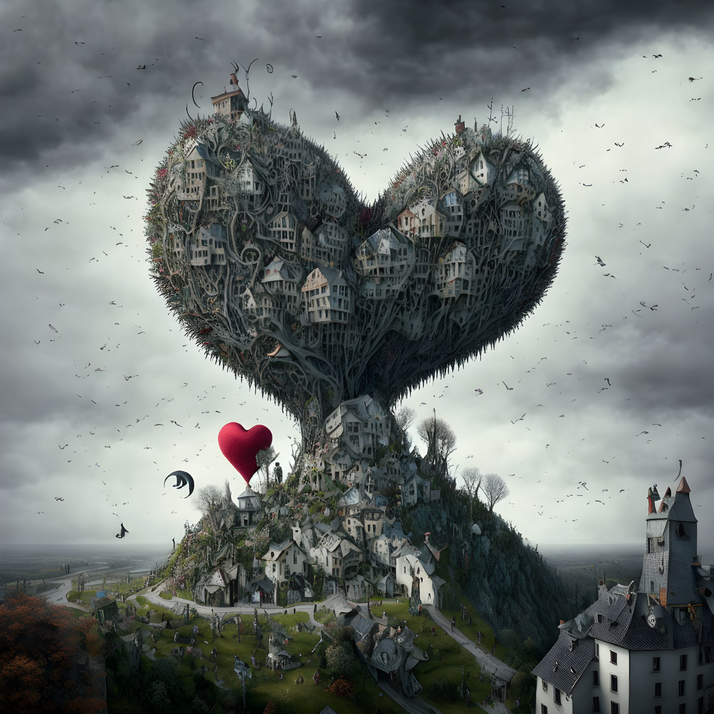 Heart-shaped island with whimsical buildings and red balloon under cloudy sky