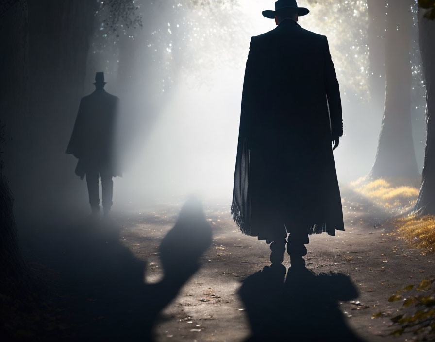 Silhouetted figures in coats and hats in foggy forest with light beams