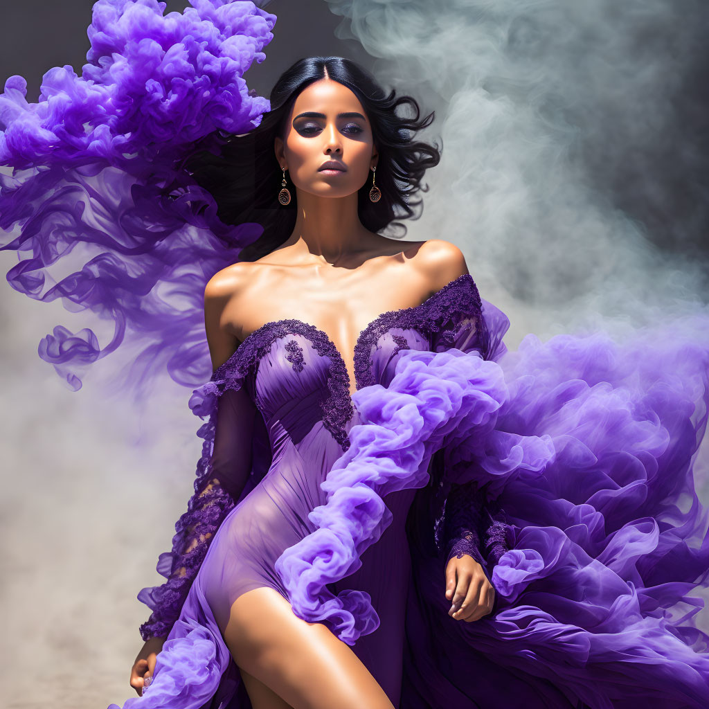 Woman in Purple Dress Surrounded by Dramatic Smoke