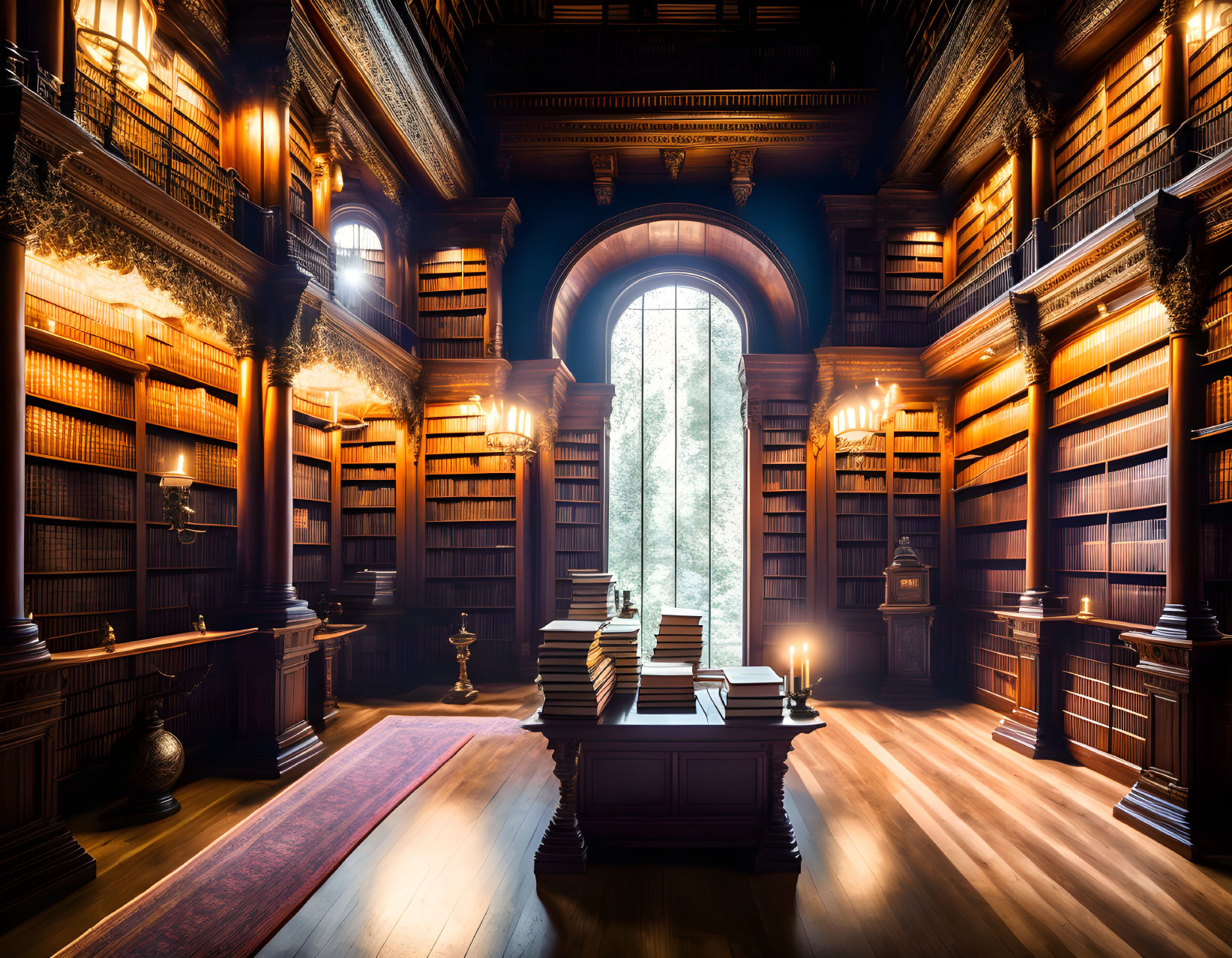 Historic library with wooden bookshelves, arched window, and central table.