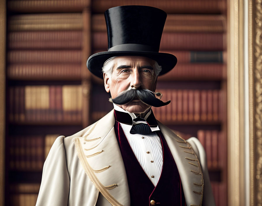 Styled Mustache Gentleman in Top Hat with Books Shelf