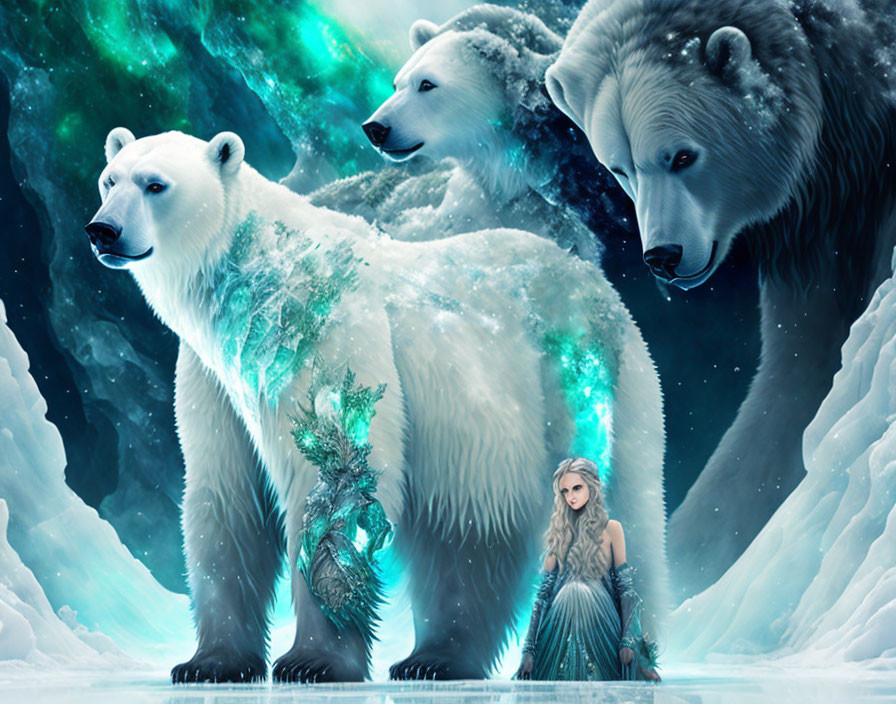 Majestic polar bears and woman in fantasy ice landscape