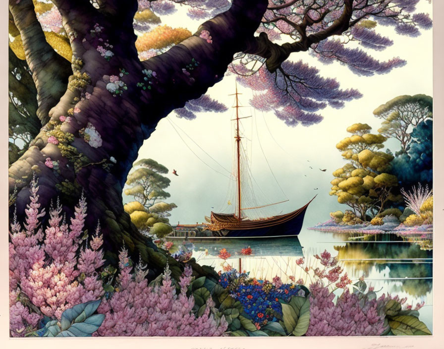 Tranquil sailing ship scene under vibrant flowering trees