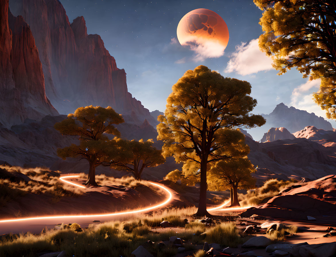 Golden-lit path winds through rugged landscape with cliffs, trees, and orange moon