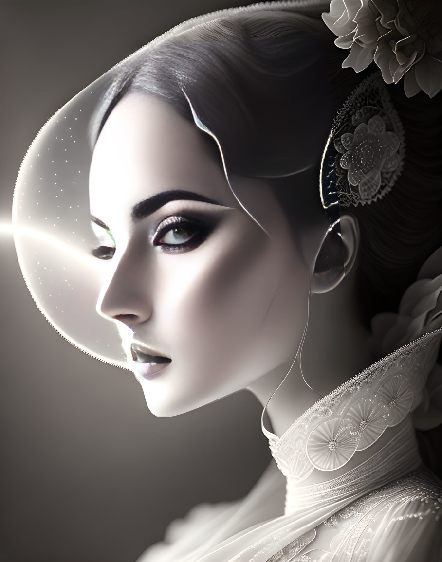 Ethereal woman with luminous skin and ornate headpiece in illustration