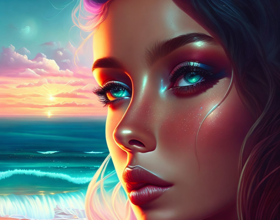 Digital artwork: Woman with blue eyes, sunset backdrop