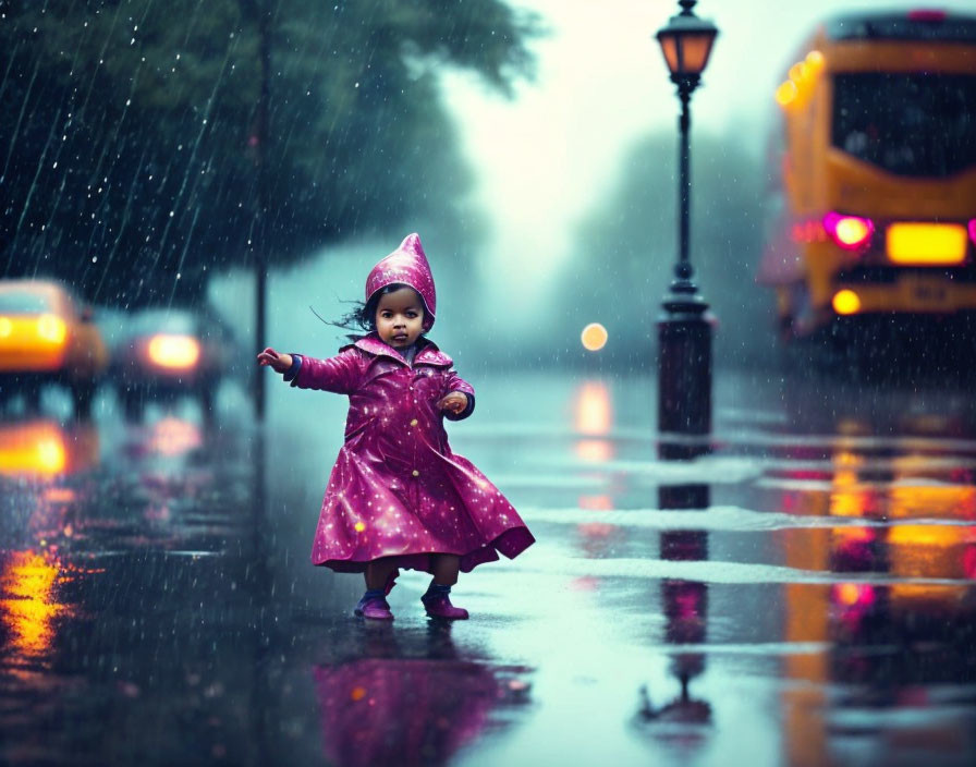 Toddler in pink raincoat splashing on wet city street with yellow bus.