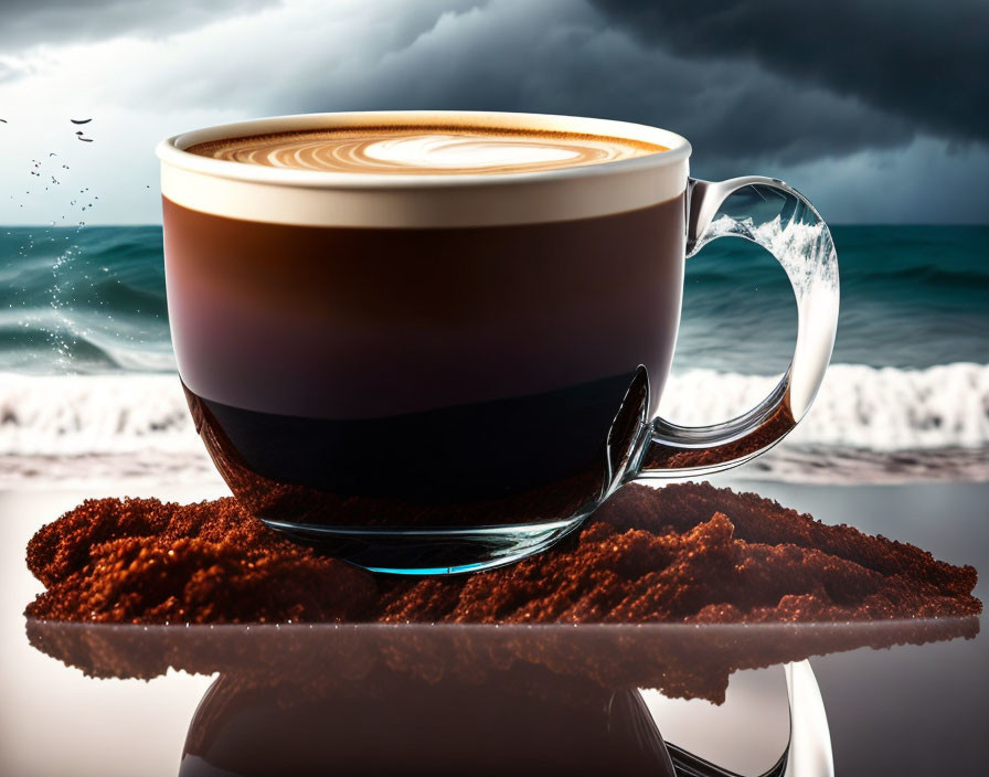 Latte art coffee cup on reflective surface with stormy sky background