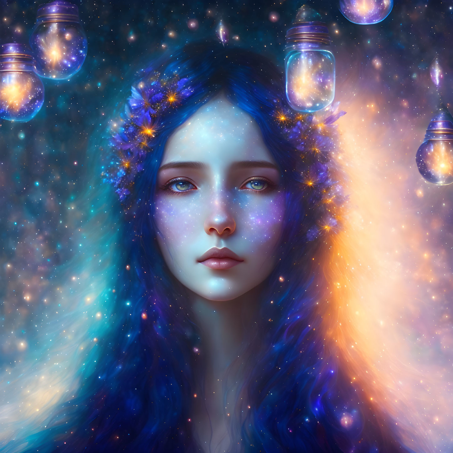 Fantasy portrait of woman with galaxy-themed hair and skin in starry setting