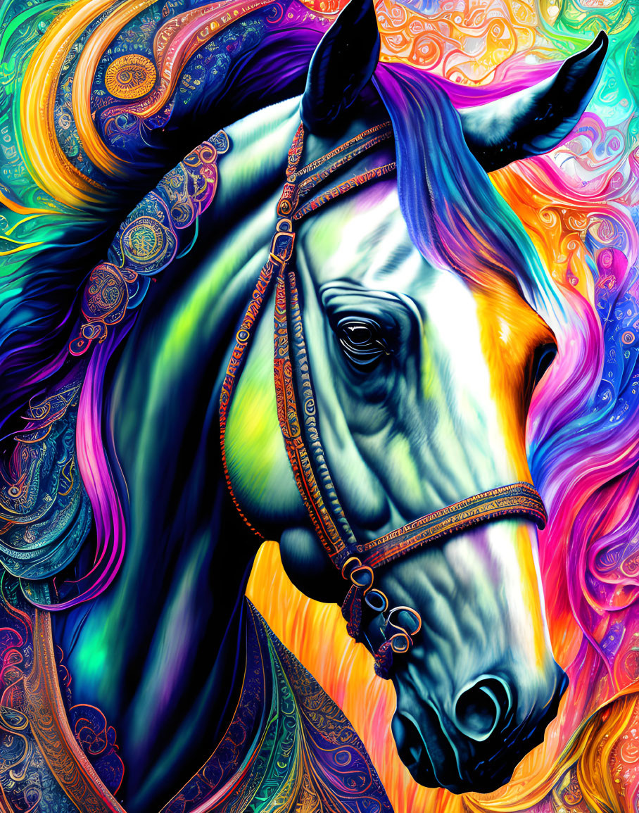 Colorful Psychedelic Horse Artwork with Neon Hues