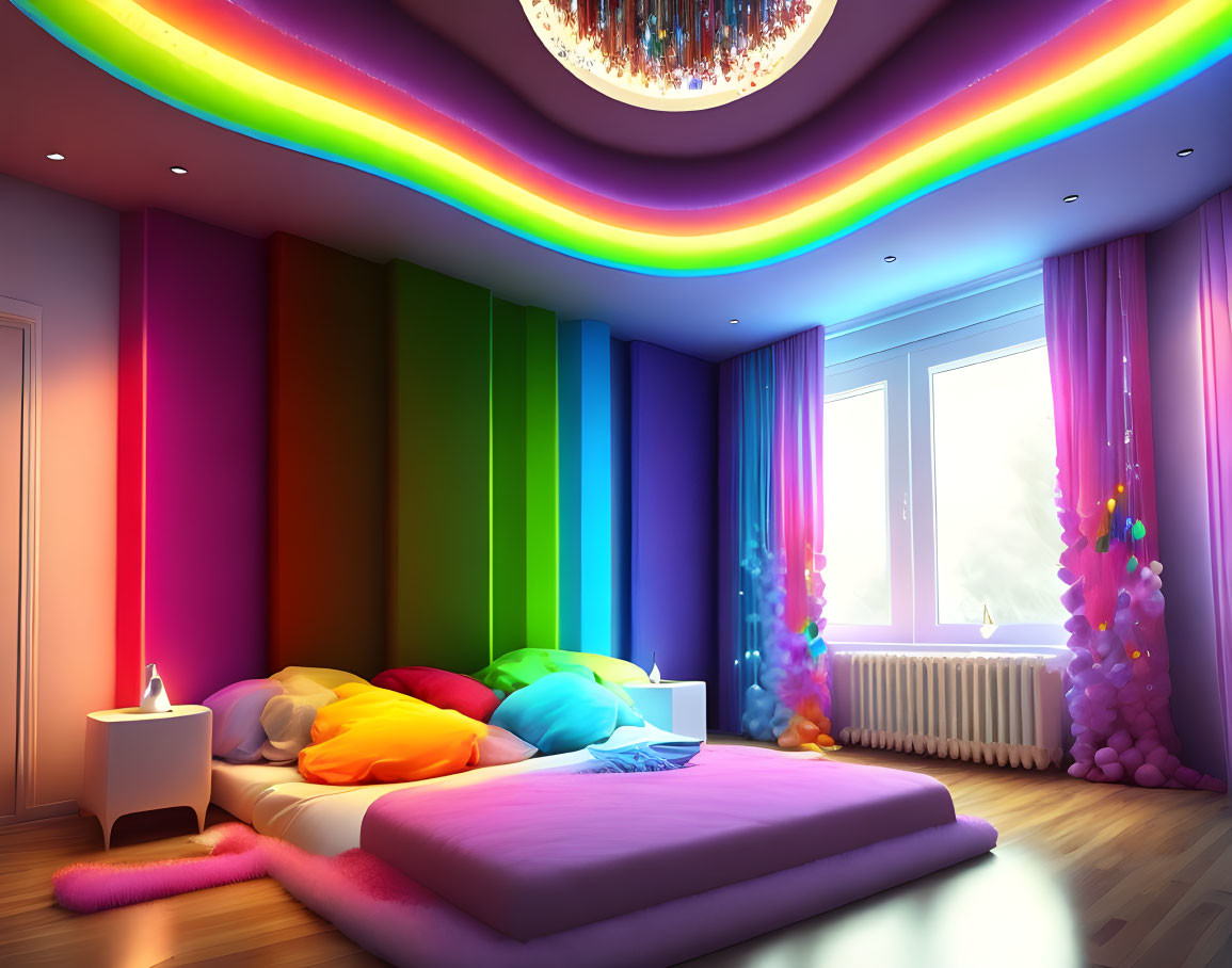 Colorful Rainbow-Themed Bedroom with Low Bed and Natural Light