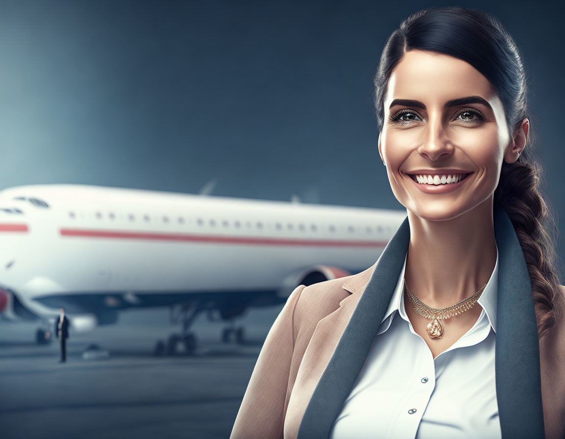 Female flight attendant in uniform at airport tarmac.