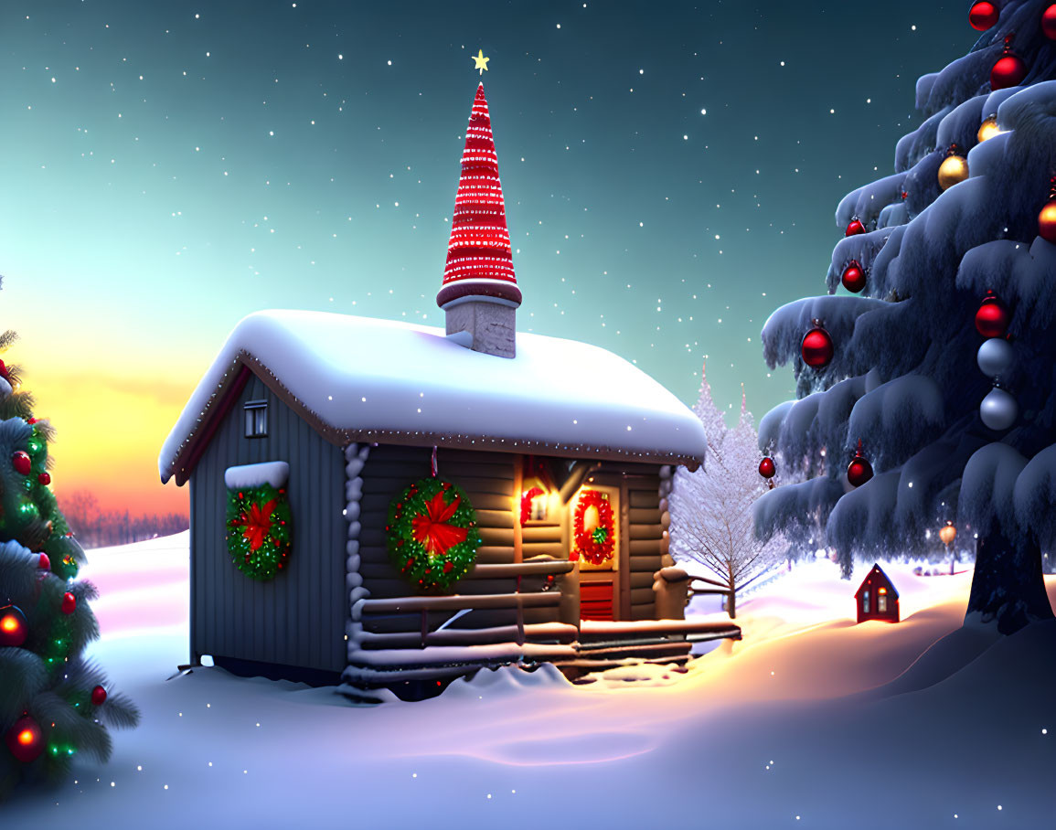 Snow-covered winter cabin with Christmas decorations in twilight.