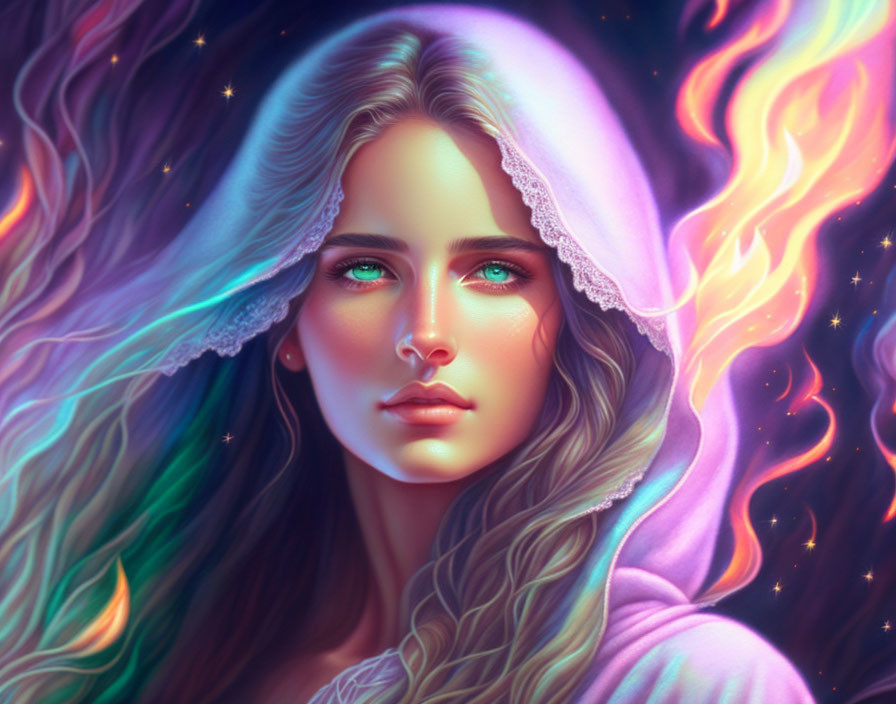 Digital artwork of woman with green eyes, blonde hair, and fiery multicolored mane.
