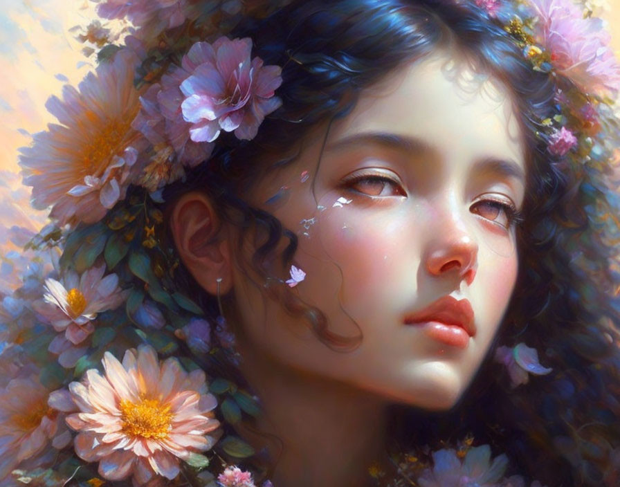 Young Woman Surrounded by Pink Flowers and Petals