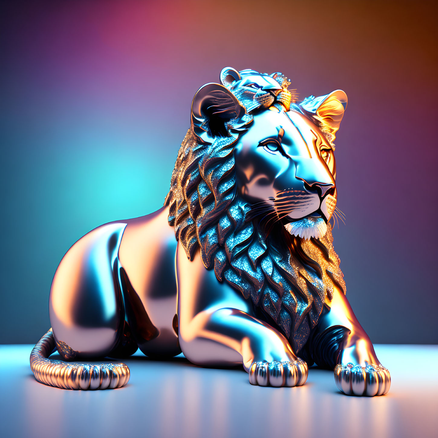 Metallic lion sculpture with blue-toned mane on warm gradient.