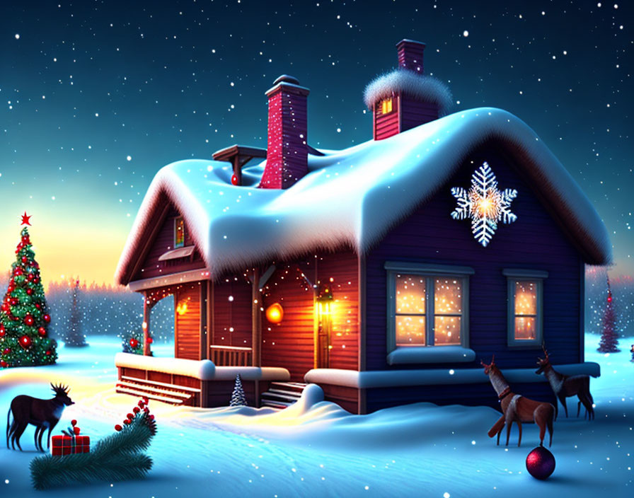 Snow-covered cottage with glowing windows, Christmas tree, gifts, deer, starry night.